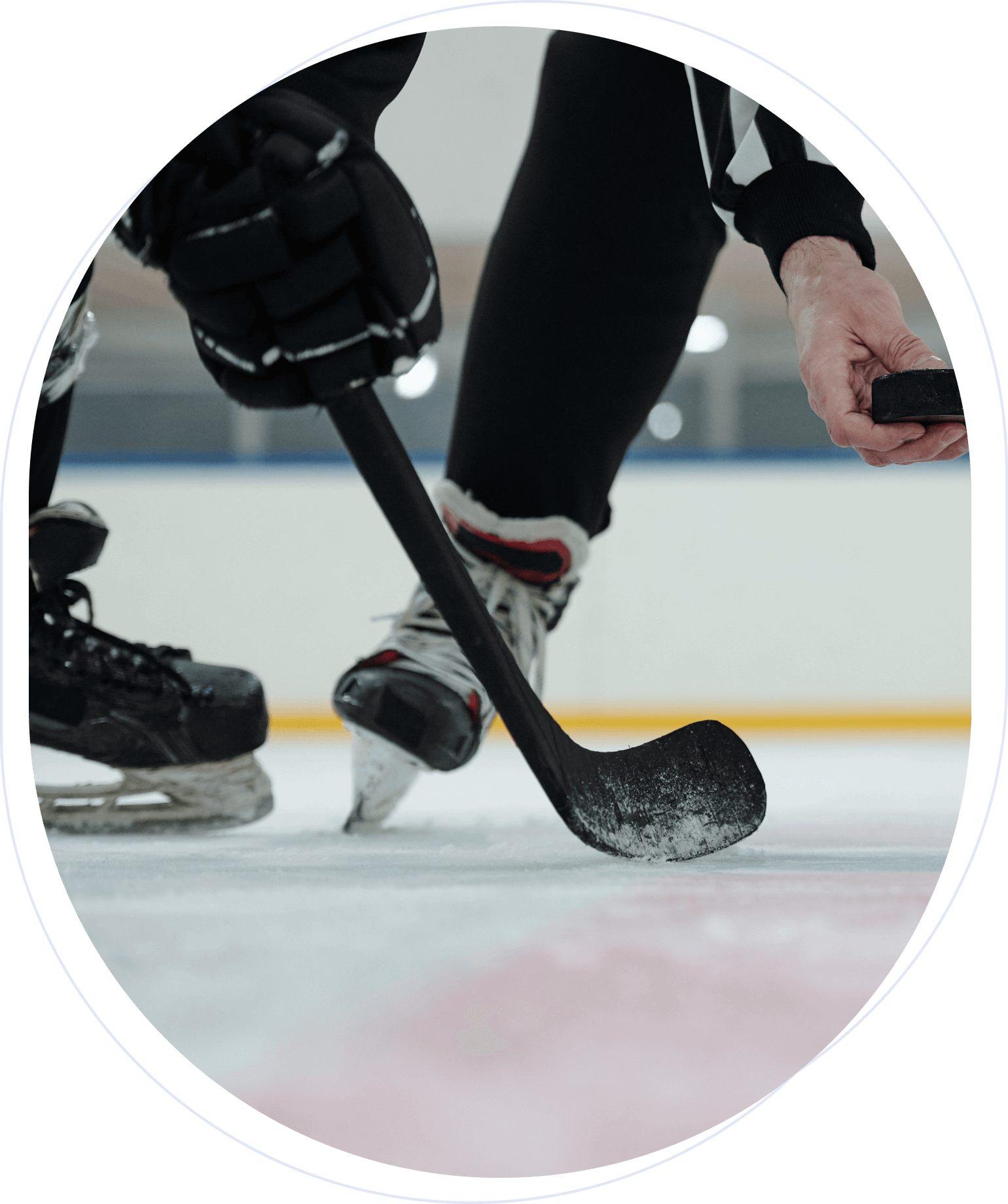 Close-up of an ice hockey player preparing for a face-off, with a referee holding the puck. Players' skates and stick on the ice with focus on the puck.