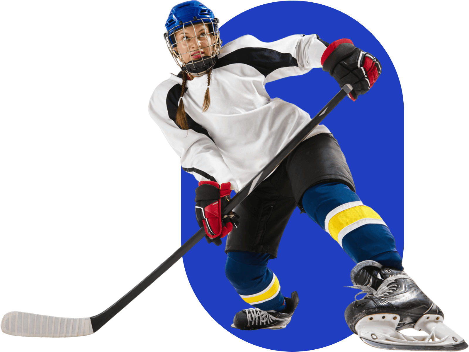 A hockey player in motion, wearing a white jersey, blue helmet, and holding a stick, set against a blue background.